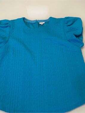 VOY Bright Blue Cable Knit Texture Short Puff Sleeve Blouse Top Size Large